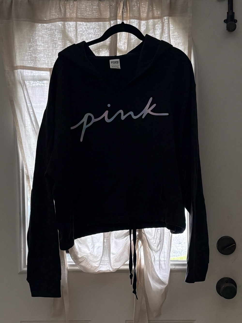 PINK Victoria’s Secret Campus Black Iridescent Logo V-Neck Drawstring Hoodie XXL